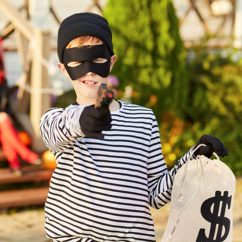 YAROMO 4 Pieces Robber Costume Set  Include Canvas Dollar Sign Money Bags Bandit Eye Mask Knit Beanie Cap for Halloween Cosplay Burglar Theme Party - Image 5